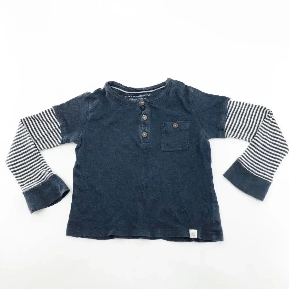 Burts Bees Kids Toddler Blue Striped Long Sleeve Henley Pocket Tee Size 3T